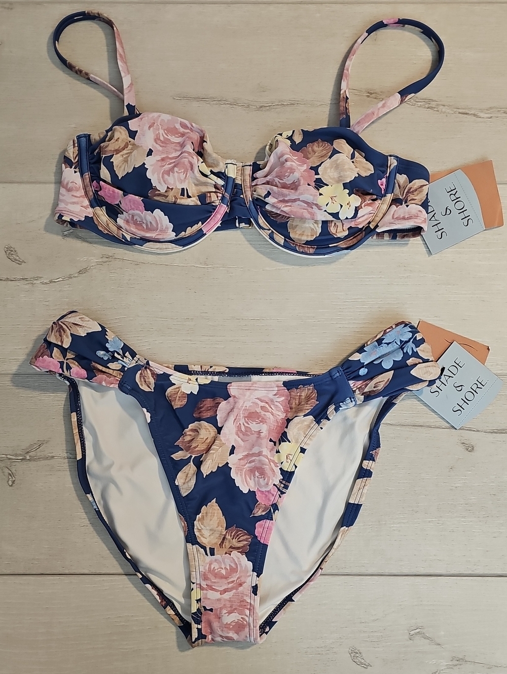 Shade & Shore Women's 36B/M Navy Floral Underwire Bikini — Pink & Yellow Roses